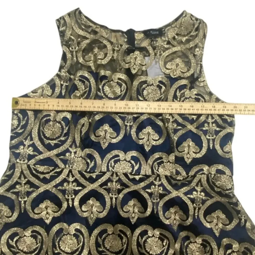 Liza Luxe Navy Blue Gold Brocade A-Line Dress Sleeveless Metallic Party